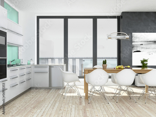 Illustration: Modern white kitchen interior with wooden floor Modern white kitchen interior with wooden floor