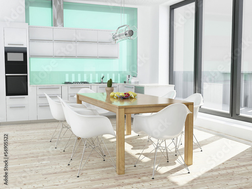 Photo: Modern white kitchen interior with wooden floor Modern white kitchen interior with wooden floor