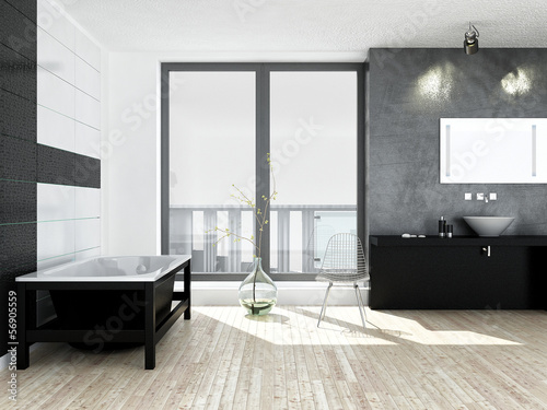 Illustration: Modern black and white bathroom interior Modern black and white bathroom interior