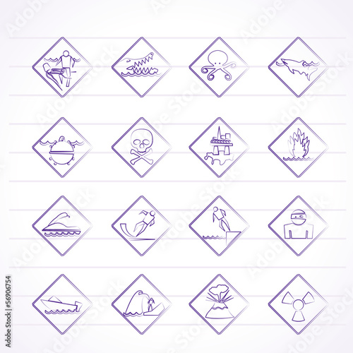 Vector: Warning Signs for dangers in sea, ocean, beach and rivers Warning Signs for dangers in sea, ocean, beach and rivers