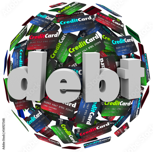Illustration: Debt Word Credit Card Ball Bankrupt Money Problem Debt Word Credit Card Ball Bankrupt Money Problem