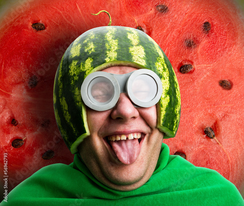 Photo: Funny man with watermelon helmet and googles Funny man with watermelon helmet and googles