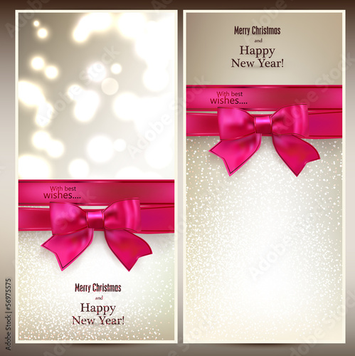 Vector: Christmas cards with red gift bow. Christmas cards with red gift bow.