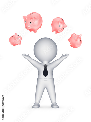 Illustration: Happy 3d person and piggy banks. Happy 3d person and piggy banks.