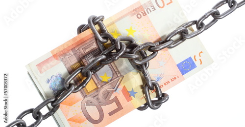 Photo: Euro currency with chain for security and investment Euro currency with chain for security and investment