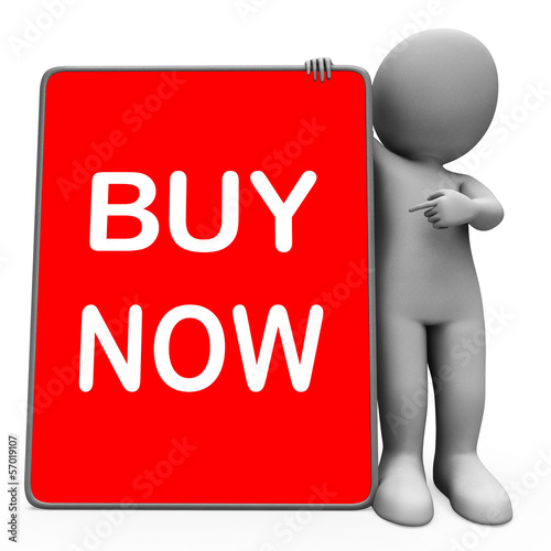Illustration: Buy Now Character Tablet Showing Buy And Purchase Immediately Buy Now Character Tablet Showing Buy And Purchase Immediately