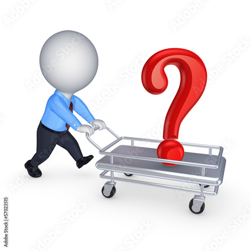 Illustration: 3d person with query mark on a pushcart. 3d person with query mark on a pushcart.