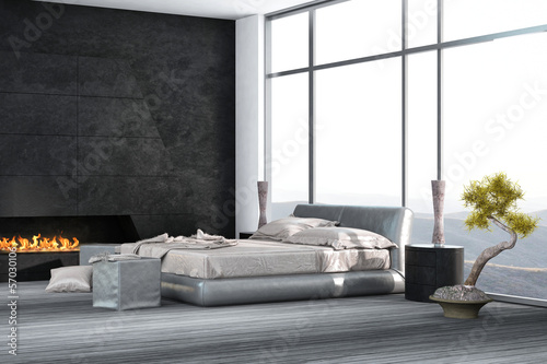 Illustration: Luxury Bedroom interior with wooden floor and fireplace Luxury Bedroom interior with wooden floor and fireplace