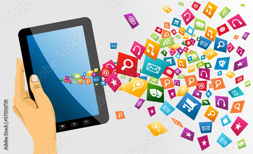 Vector: Human hand holds tablet pc with app icons. Human hand holds tablet pc with app icons.