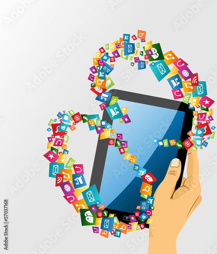 Vector: Human hand with tablet pc social media icons. Human hand with tablet pc social media icons.