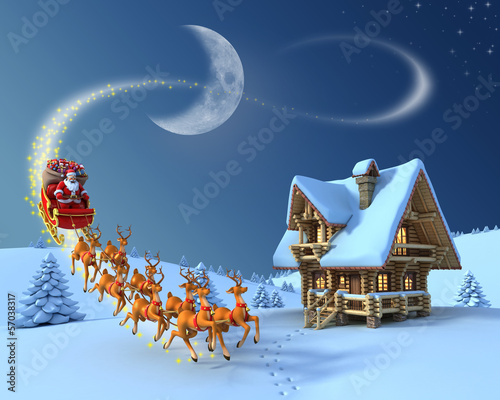 Illustration: Christmas night scene - Santa Claus rides reindeer sleigh Christmas night scene - Santa Claus rides reindeer sleigh