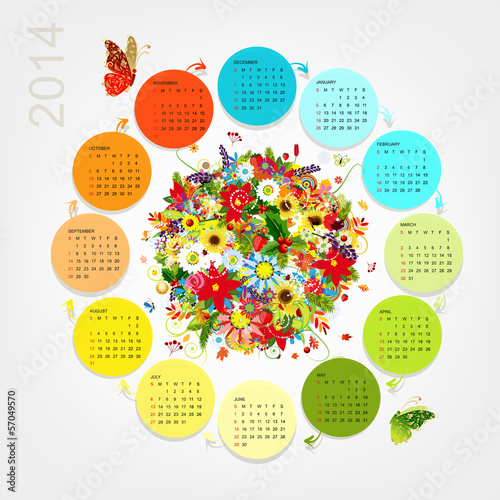Vector: Calendar 2014 with four season bouquet for your design Calendar 2014 with four season bouquet for your design