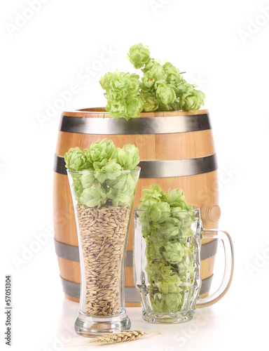Photo: Barrel and two mug with barley hop. Barrel and two mug with barley hop.