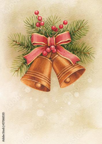 Illustration: Vintage Christmas card. Watercolor bells and pine Vintage Christmas card. Watercolor bells and pine
