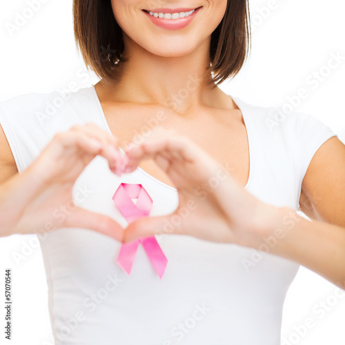 Photo: woman with pink cancer ribbon woman with pink cancer ribbon