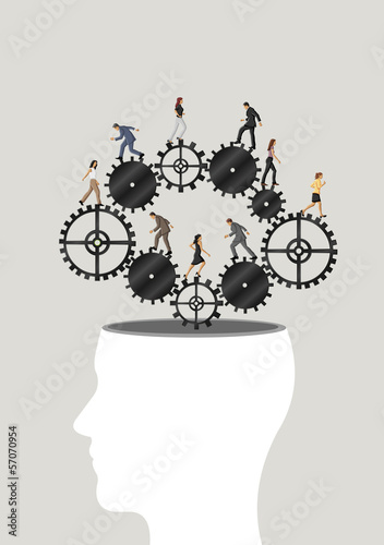 Vector: human head with business people over machine gear wheel human head with business people over machine gear wheel
