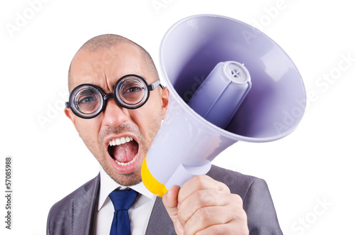 Photo: Funny man with loudspeaker on white Funny man with loudspeaker on white