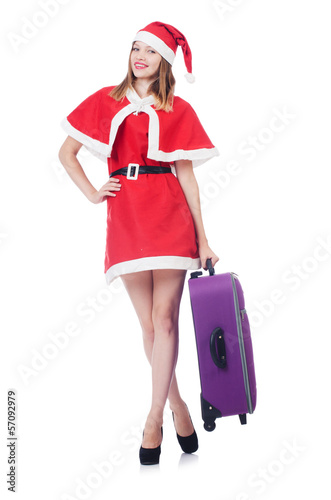 Photo: Young woman in red santa costume on white Young woman in red santa costume on white