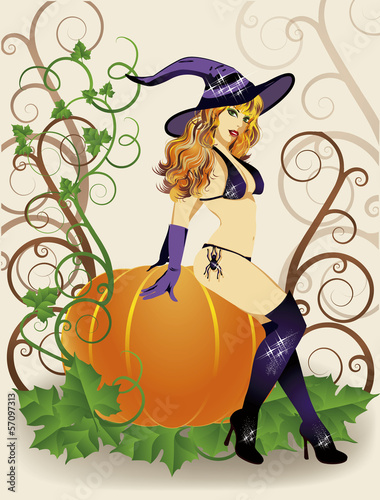 Vector: Halloween sexy witch with spider and pumpkin, vector Halloween sexy witch with spider and pumpkin, vector