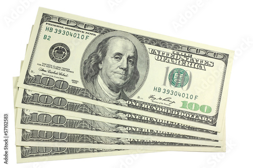 Photo: hundred-dollar banknotes on a white background hundred-dollar banknotes on a white background
