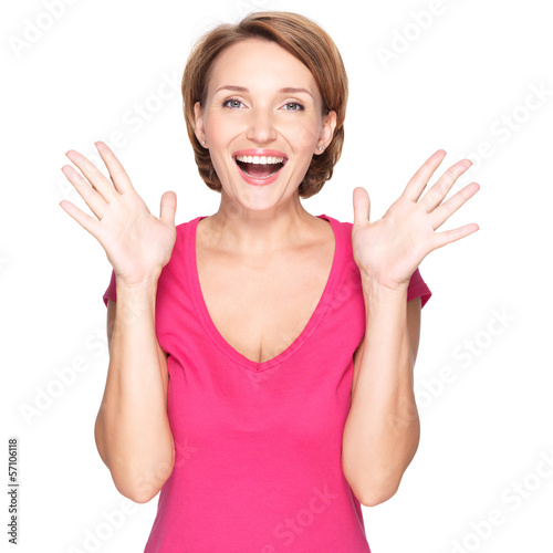 Photo: Portrait of surprised woman with positive emotions Portrait of surprised woman with positive emotions