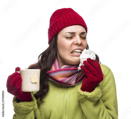 Photo: Sick Mixed Race Woman Drinks Hot Tea While Blowing Nose . Sick Mixed Race Woman Drinks Hot Tea While Blowing Nose .