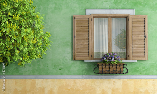 Illustration: old house with tree and flower pot old house with tree and flower pot
