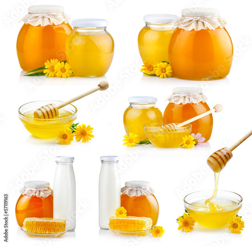 Illustration: Set of sweet honey in glass jars with flowers and dipper isolate Set of sweet honey in glass jars with flowers and dipper isolate