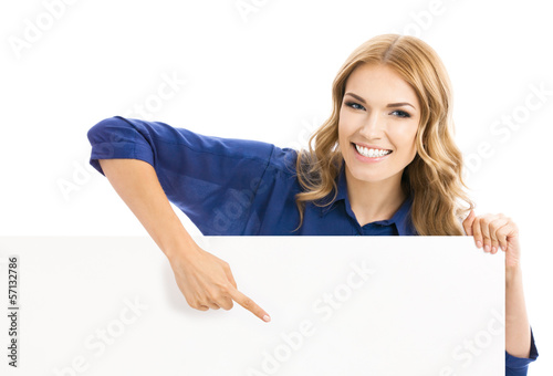 Photo: Businesswoman showing blank signboard, isolated Businesswoman showing blank signboard, isolated