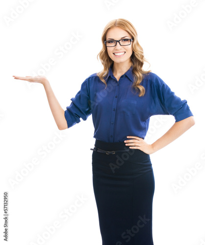 Photo: Beautiful young woman showing, on white Beautiful young woman showing, on white