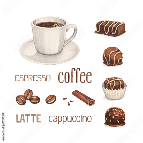 Illustration: Watercolor illustrations of coffee cup and chocolate sweets Watercolor illustrations of coffee cup and chocolate sweets