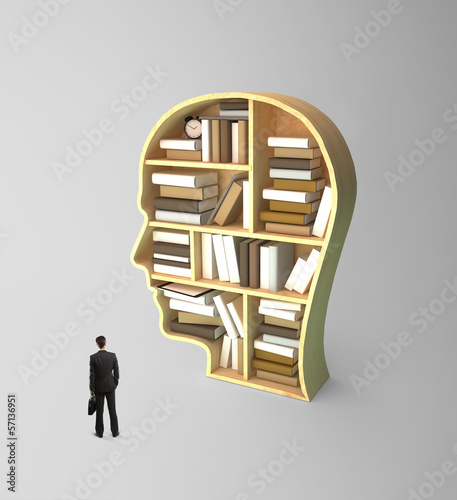 Illustration: businessman looking at book shelf businessman looking at book shelf