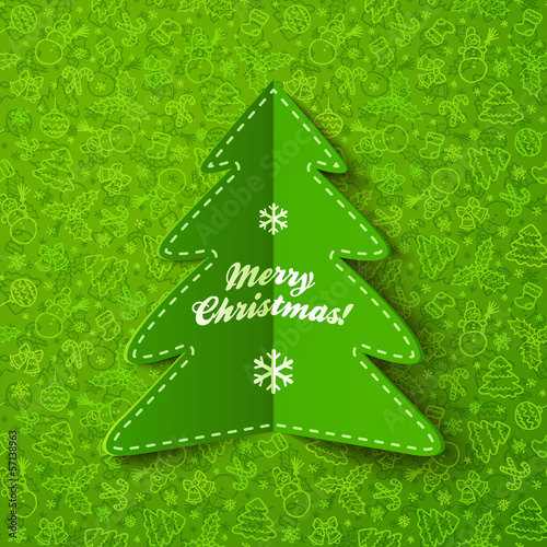Vector: Green paper Christmas tree greeting card with sign Green paper Christmas tree greeting card with sign
