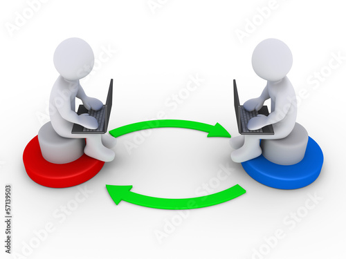Illustration: Two people with computers interact with each other Two people with computers interact with each other