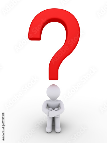 Illustration: Person is wondering under a question mark Person is wondering under a question mark