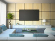 Modern interior with white sofas and blue pillows Modern interior with white sofas and blue pillows