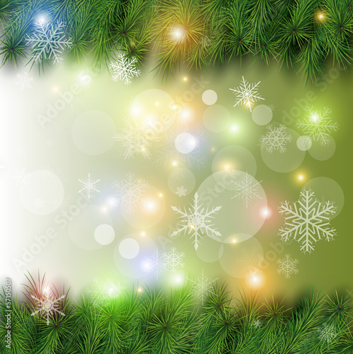 Vector: Christmas background with tree, snow and lights. Christmas background with tree, snow and lights.