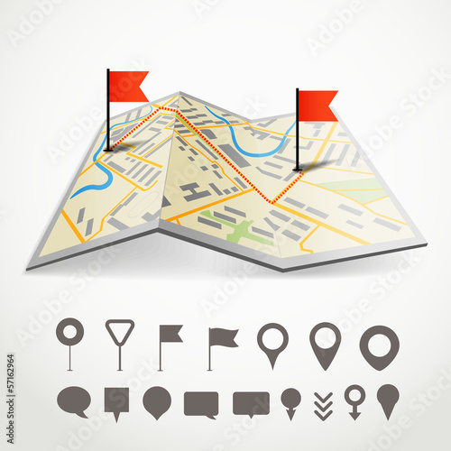 Vector: Folded abstract city map with the route and collection of differ Folded abstract city map with the route and collection of differ