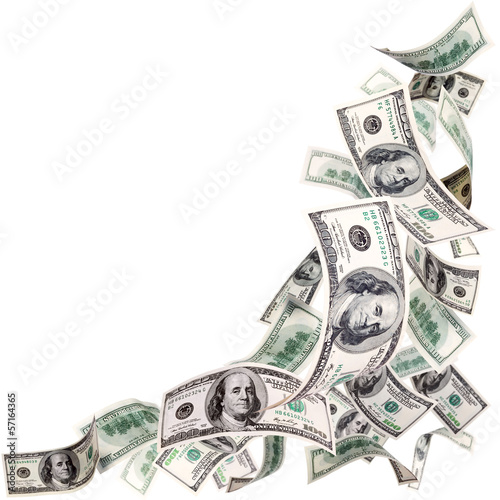 Photo: Flying 100 dollar banknotes isolated on white Flying 100 dollar banknotes isolated on white