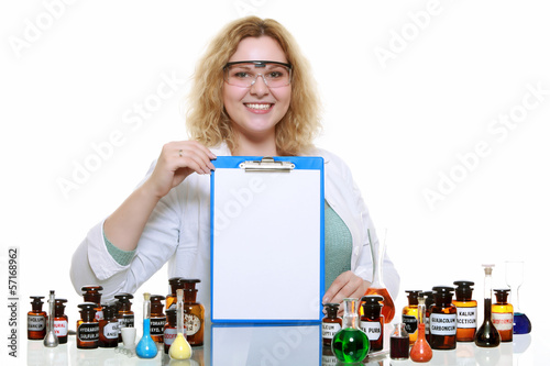 Photo: chemist woman with glassware flask clipboard isolated chemist woman with glassware flask clipboard isolated