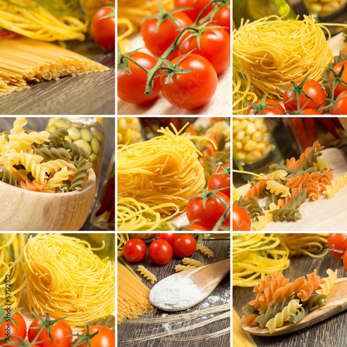 Photo: pasta and cherry tomatoes, collage pasta and cherry tomatoes, collage