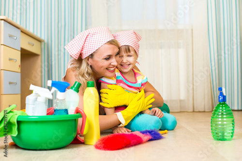 Photo: mother and kid ready to room cleaning mother and kid ready to room cleaning