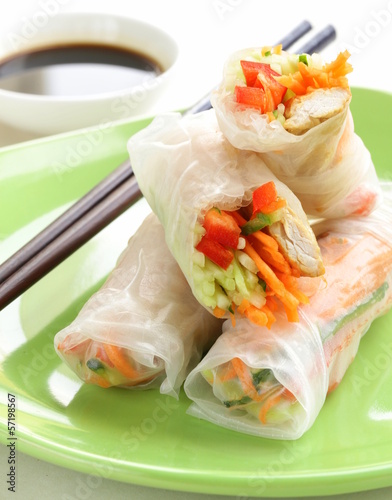 Photo: spring rolls with vegetables and chicken on a plate spring rolls with vegetables and chicken on a plate