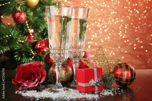 Photo: Composition with Christmas decorations and two champagne Composition with Christmas decorations and two champagne