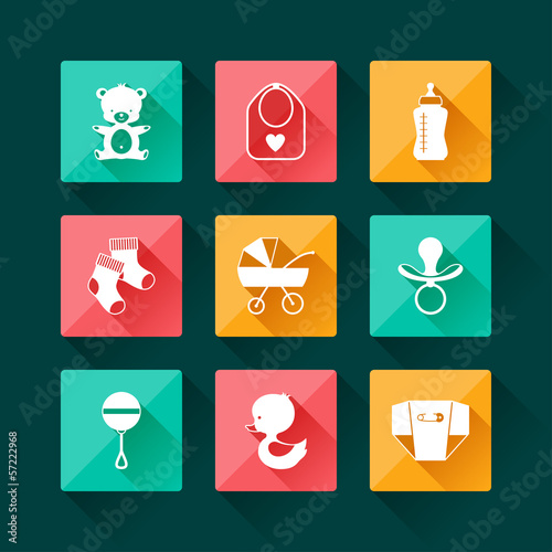 Vector: Newborn baby icons set in flat design style. Newborn baby icons set in flat design style.
