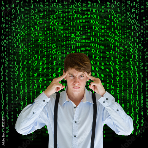 Photo: Businessman or teacher with binary on background Businessman or teacher with binary on background