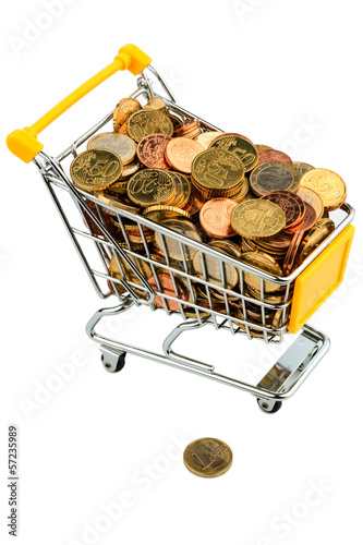 Photo: Ein Einkaufswagen ist mit Euromünzen gut gefüllt, Ein Einkaufswagen ist mit Euromünzen gut gefüllt,