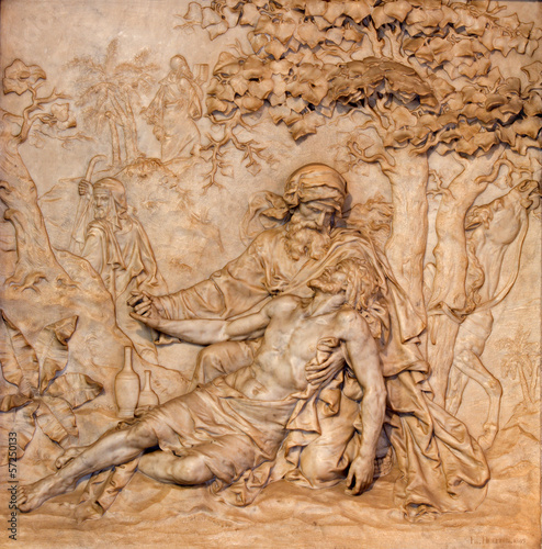 Photo: Antwerp - Marble relief of merciful Samaritan scene Antwerp - Marble relief of merciful Samaritan scene