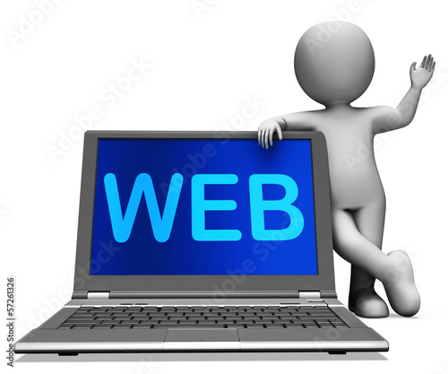 Illustration: Web Laptop And Character Shows Online Internet Www Or Net Web Laptop And Character Shows Online Internet Www Or Net