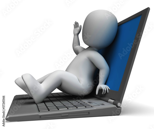 Illustration: Pc Computer Character Shows Surfing Internet Pc Computer Character Shows Surfing Internet